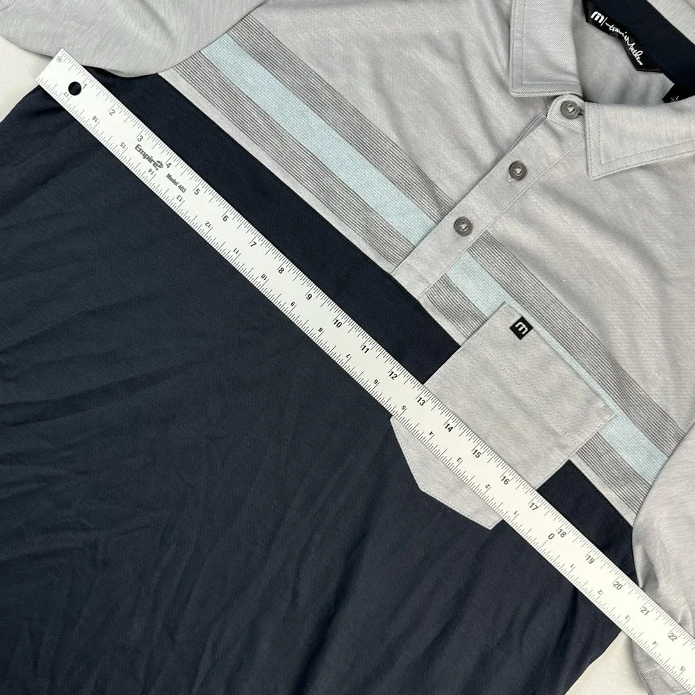 Travis Mathew Men's Striped Polo Shirt, Blue and Gray Embroided Performance Golf - Picture 5 of 6